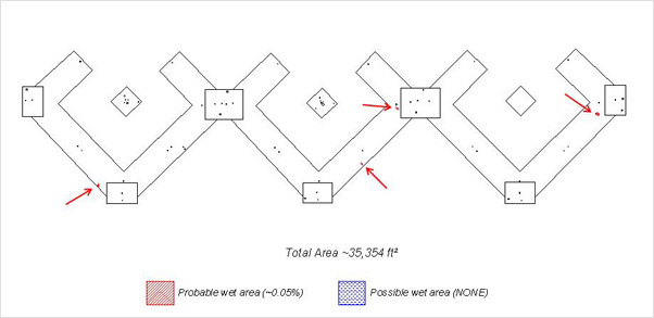 Examples of photographs, thermographs and CAD drawings of entrained roof moisture in prison roofs