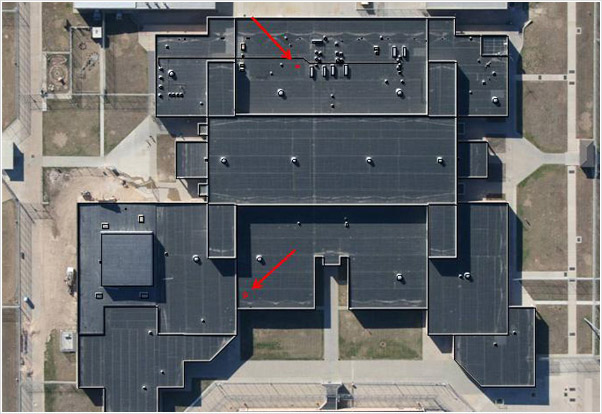 Examples of photographs, thermographs and CAD drawings of entrained roof moisture in prison roofs